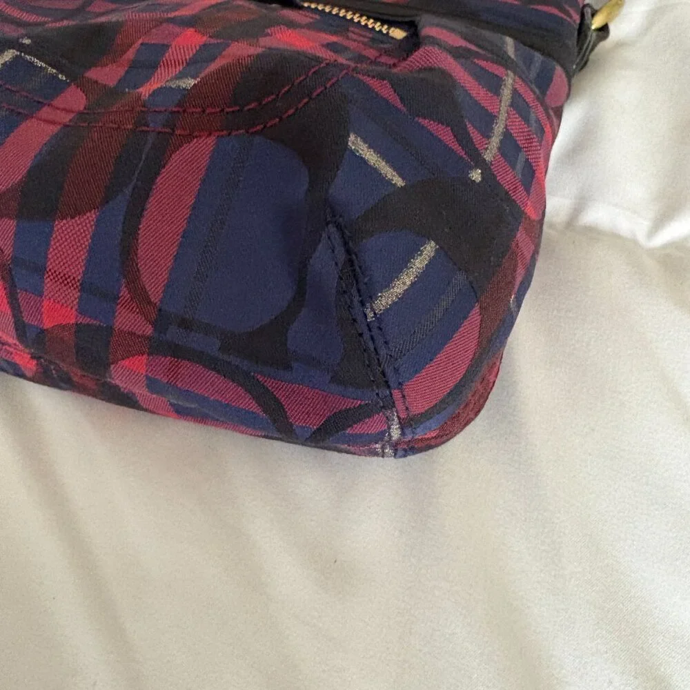 Coach Poppy 2way Shoulder Bag Red Blue Tartan Plaid Signature Canvas Patent Trim